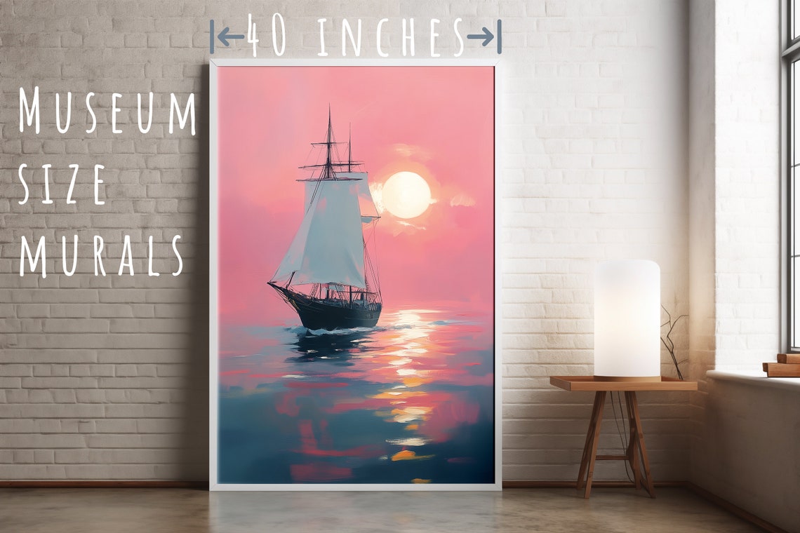 Tall Sailing Ship At Pink Sunset Ocean Pastel Seascape Poster - Image 5