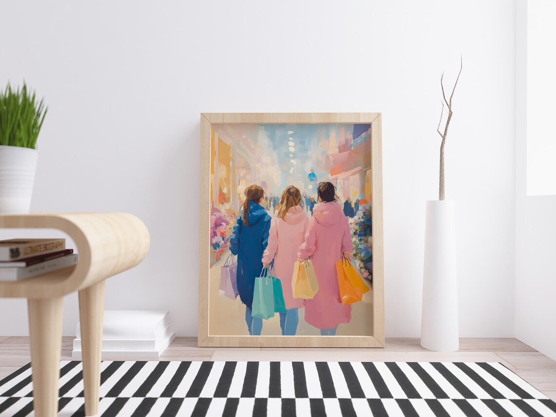 Three Friends With Shopping Bags In A Bright City Street Scene Poster - Image 4