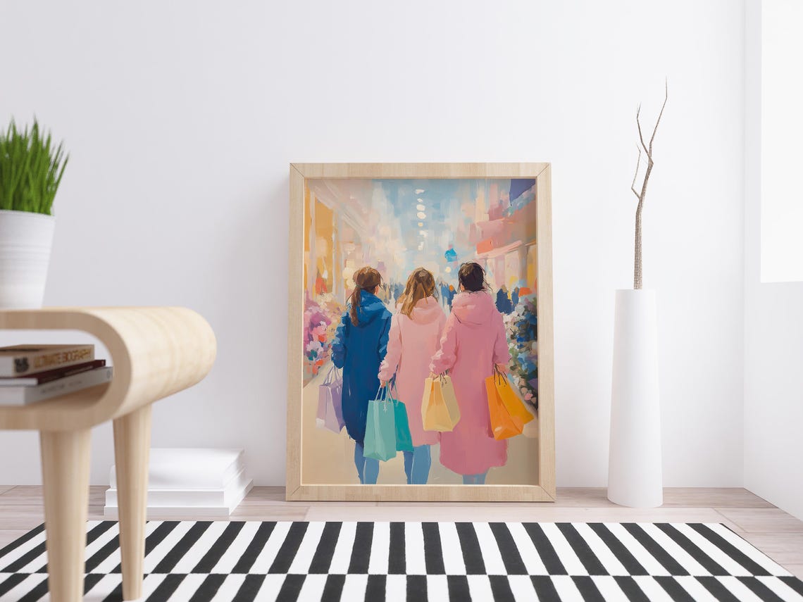 Women In A Shopping Mall Print Watercolor Women Print Shopping Bags Art Shopping Scene Art Women Shopping Wall Art Prints - Image 4