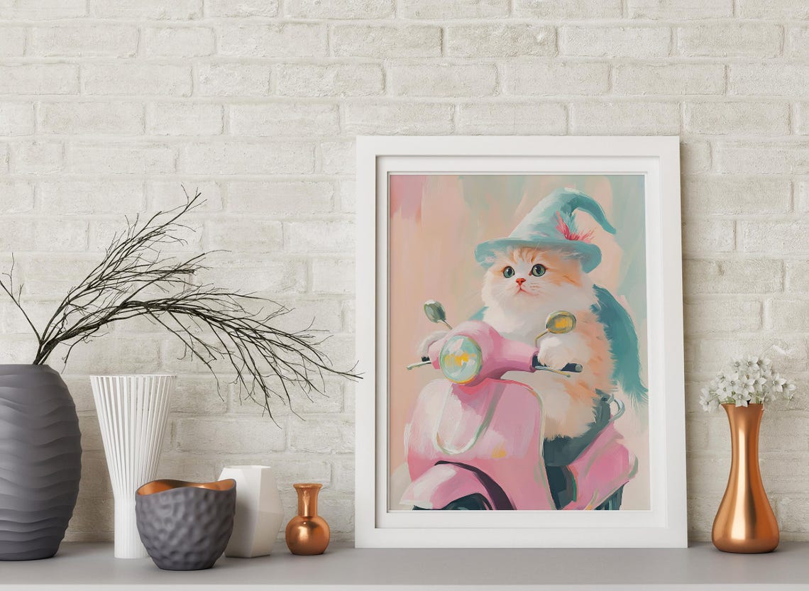 Cute Kitten Riding Pink Scooter Wizard Hat Pastel Cat Portrait Poster - Image 4