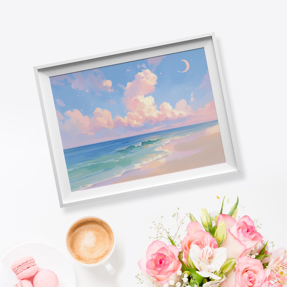 Pastel Beach Twilight Pink Clouds Crescent Moon Turquoise Waves Poster - Image 5