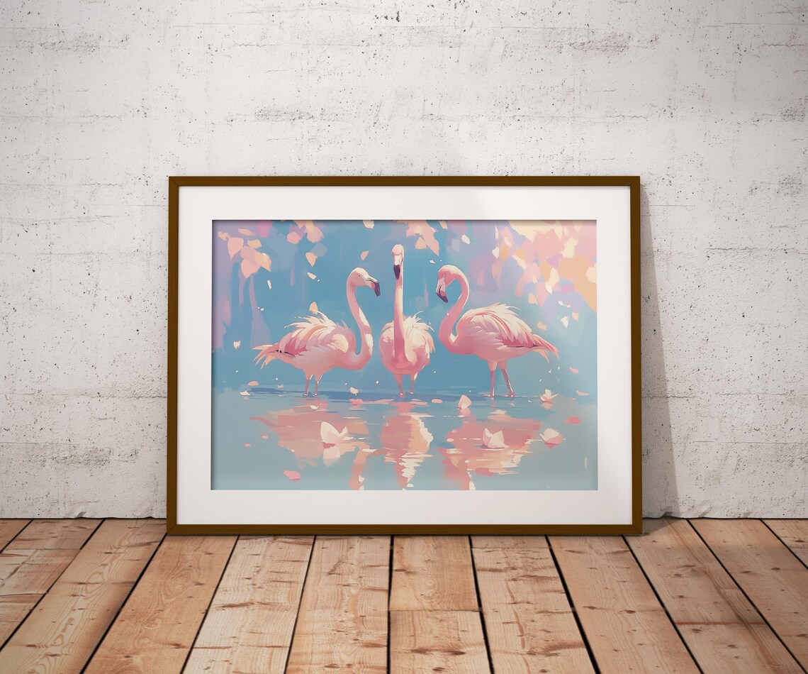 Three Pink Flamingos Shallow Water Reflections Pastel Wildlife Poster - Image 2
