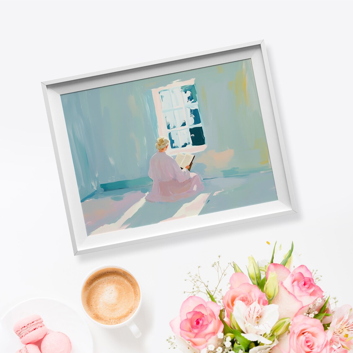 Woman Reading Book By Sunlit Window Pastel Painting Quiet Room Art Poster - Image 5