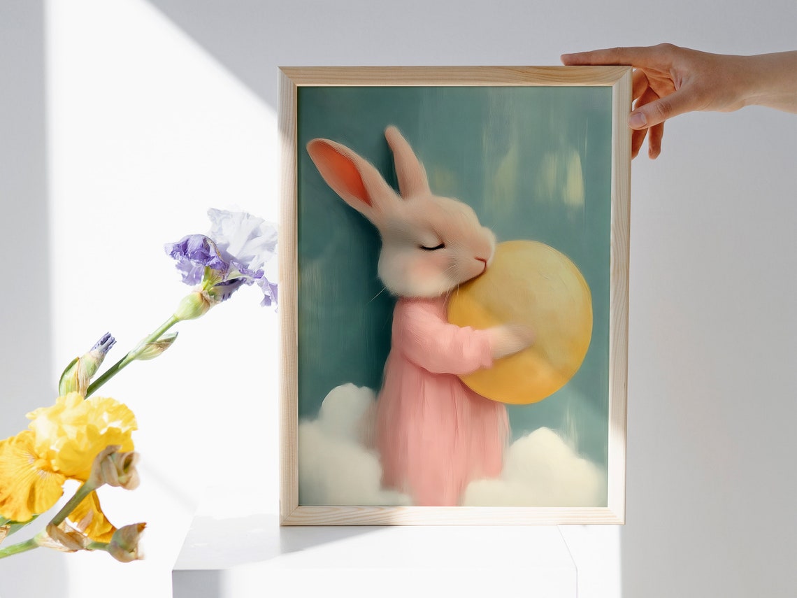 Cute White Bunny Hugging Yellow Ball Soft Pastel Nursery Art Poster - Image 4
