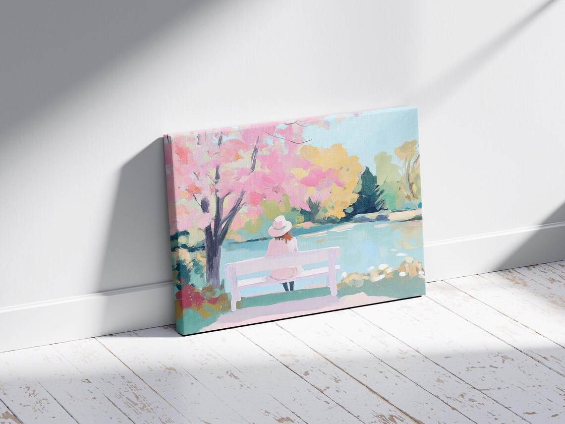 Woman on Park Bench by Lake Under Cherry Blossoms Pastel Serene Poster - Image 2