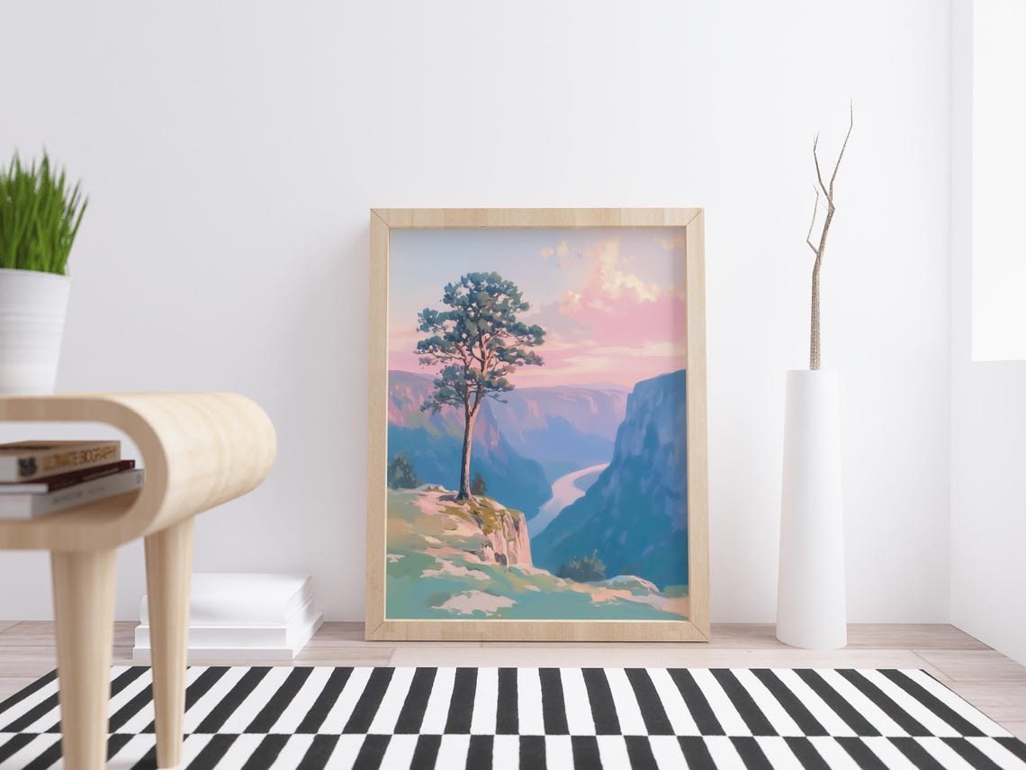 Lone Pine Tree On Cliff Overlooking River Valley At Sunset Poster - Image 4