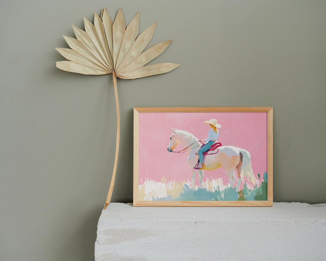 Cowgirl Riding White Horse Pink Pastel Western Equestrian Art Poster - Image 2