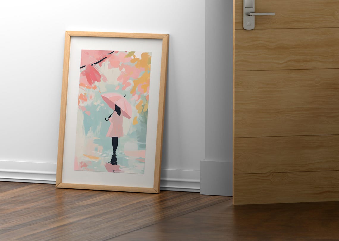Girl With Pink Umbrella Painting Woman With Umbrella Rainy Day Wall Art Umbrella Watercolor Wall Art Rainy Day Painting Umbrella Girl - Image 2