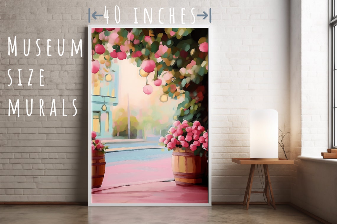 Pink Flower Canopy Over Garden Street with Lanterns Pastel Wall Poster - Image 5