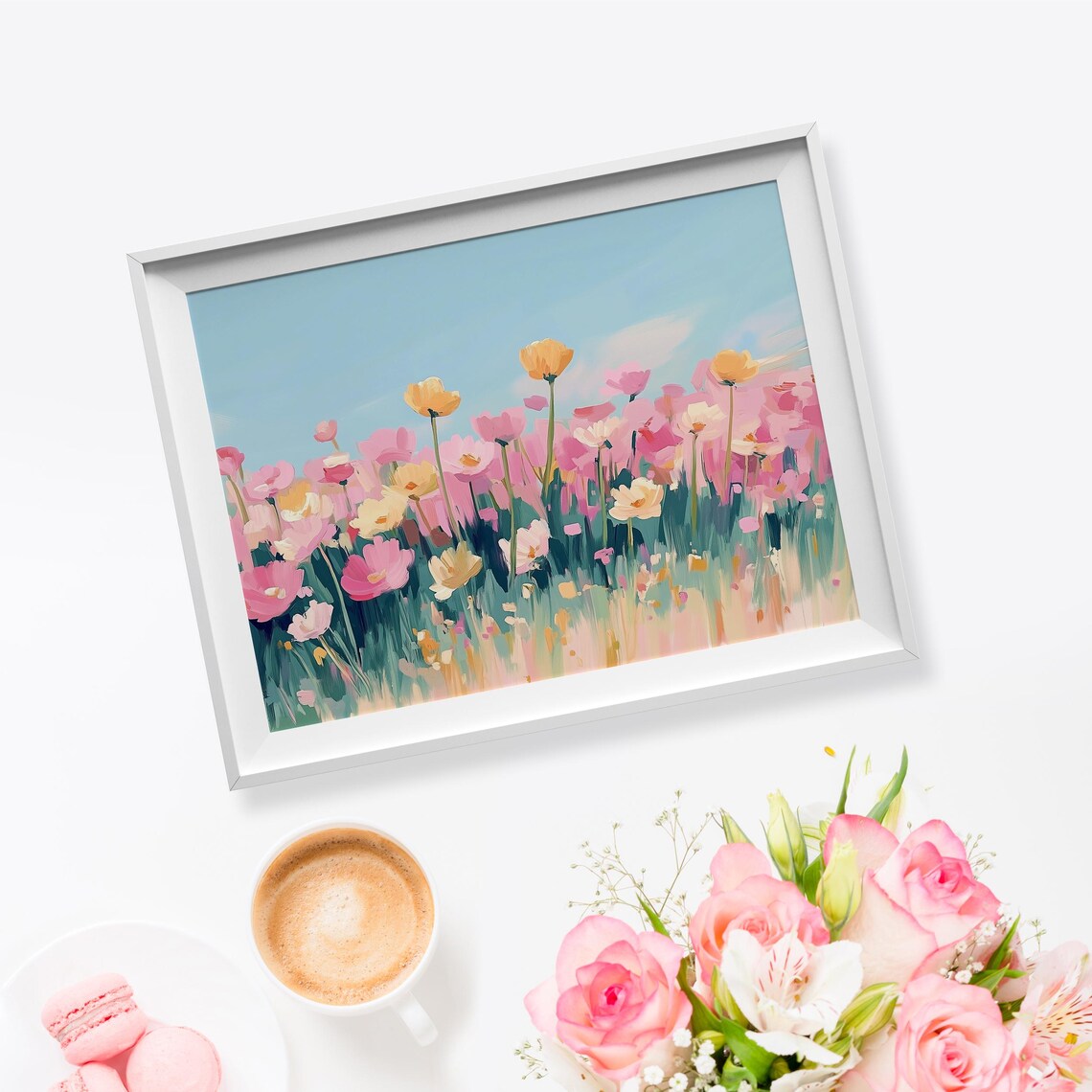 Wild Poppies Field Pink Yellow Blossoms Blue Sky Pastel Painting Poster - Image 5
