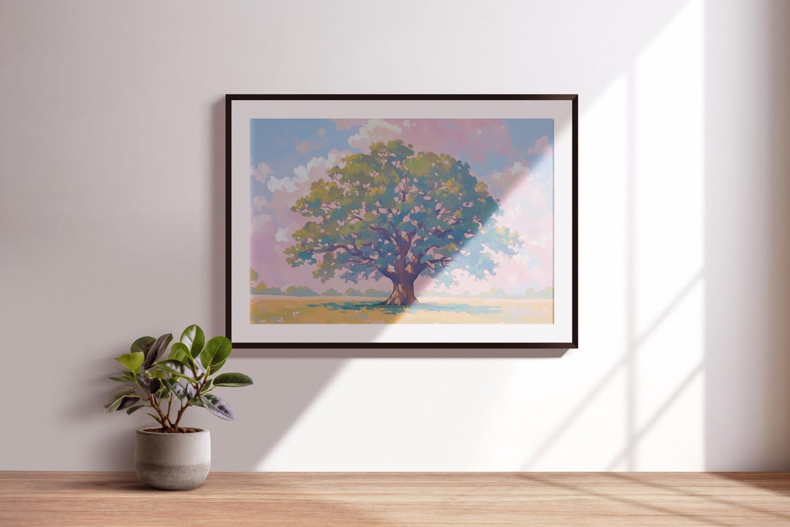 Lone Oak Tree Golden Field Sunset Pink Clouds Pastoral Art Poster - Image 3