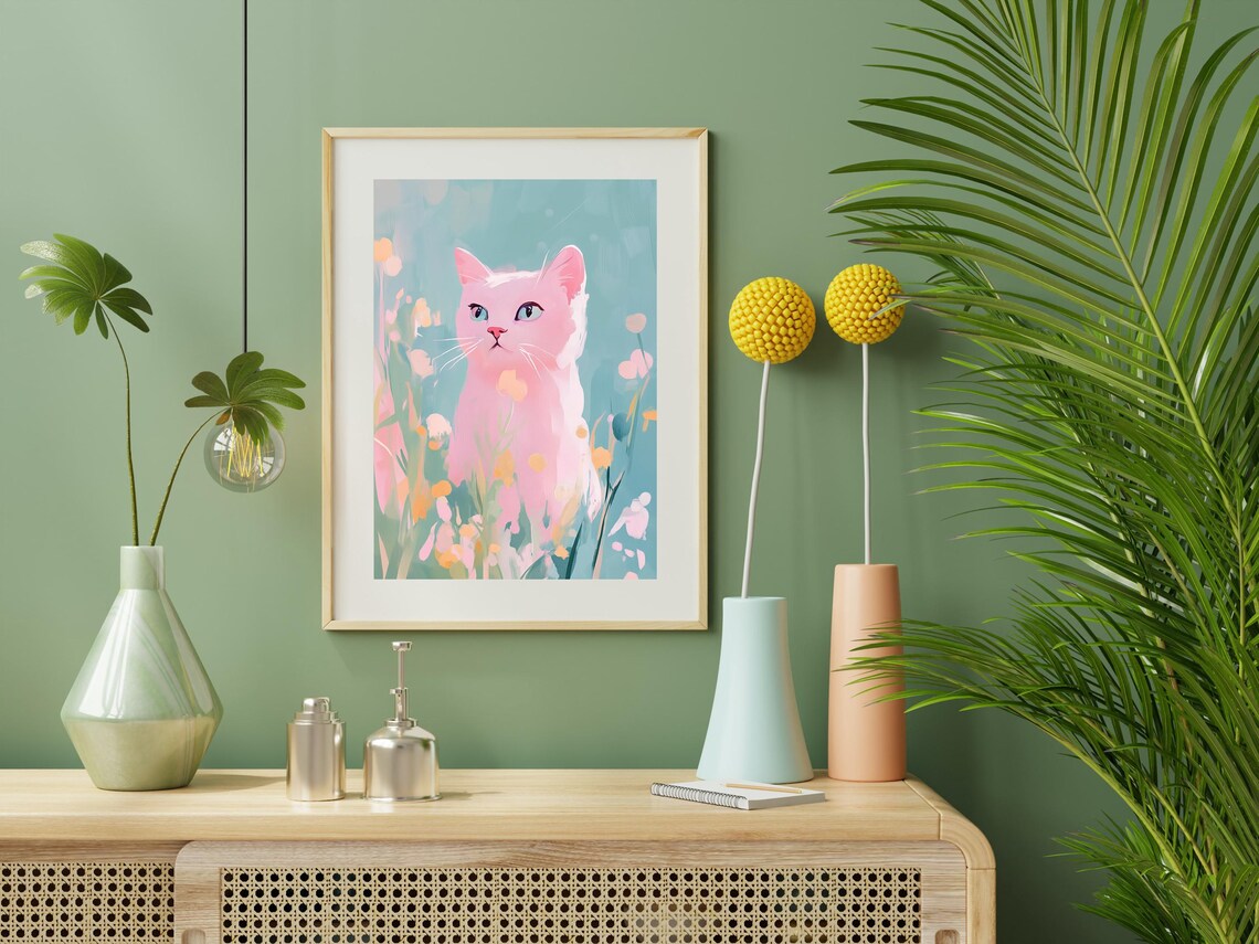 Pink Pastel Cat Blue Eyes Wildflower Garden Cute Kitty Art Print - Image 2