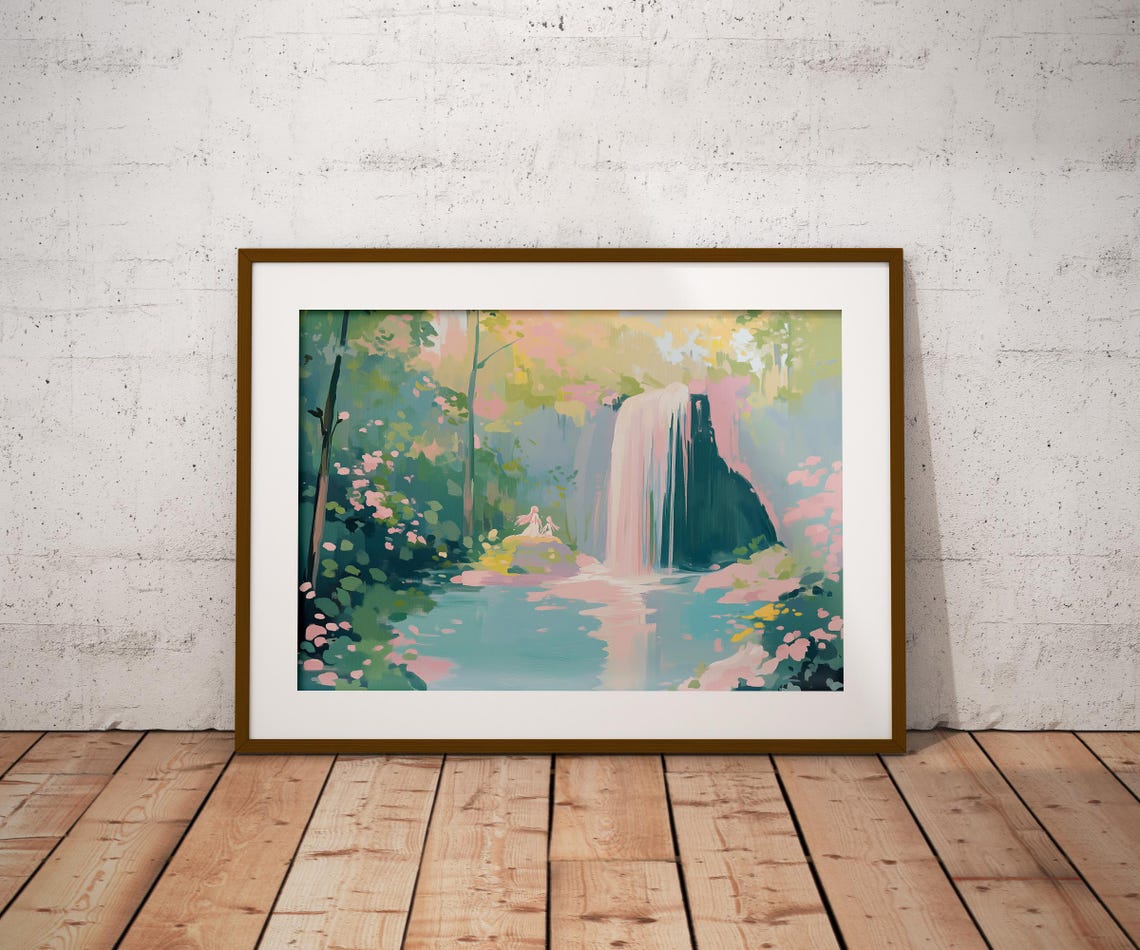 Forest Waterfall Pink Blossoms Fairy Pond Dreamy Nature Art Print - Image 2