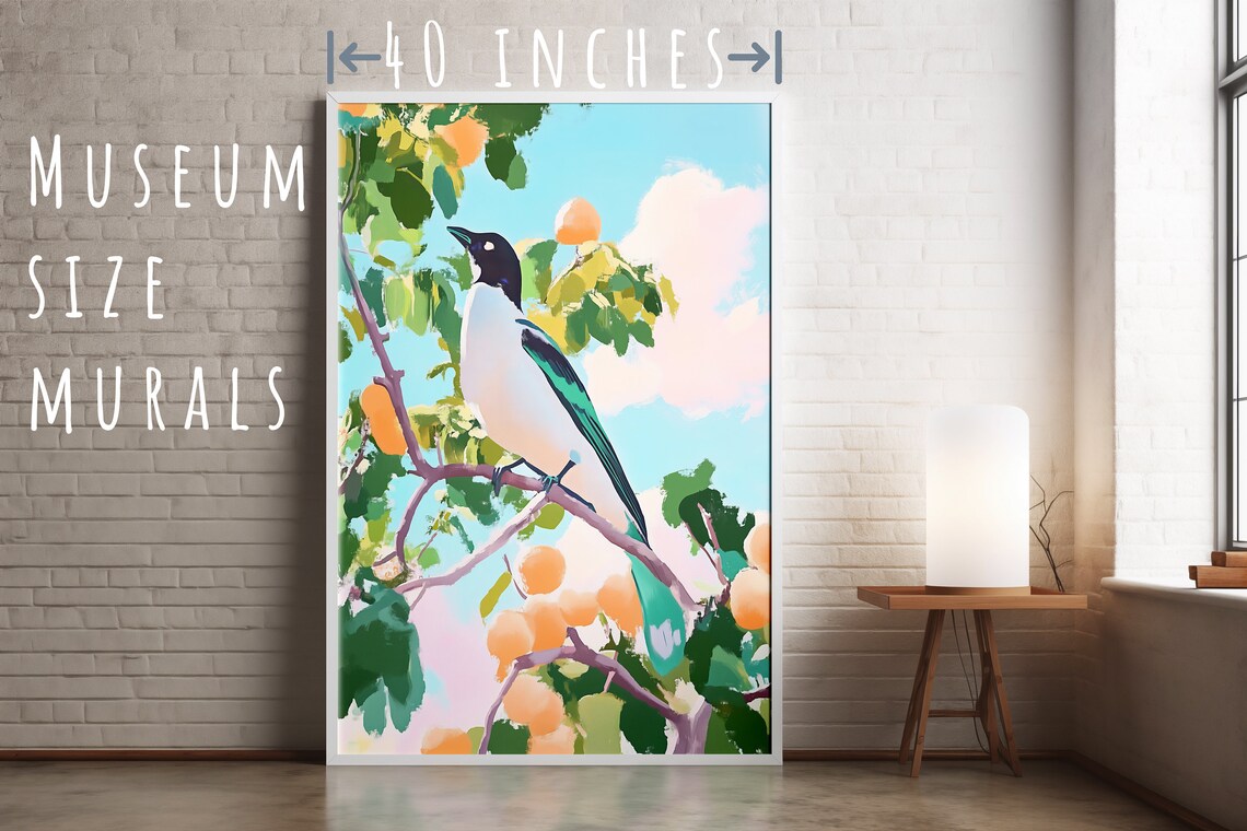 Colorful Magpie on Blossom Branch Pastel Bird Painting Art Poster - Image 5