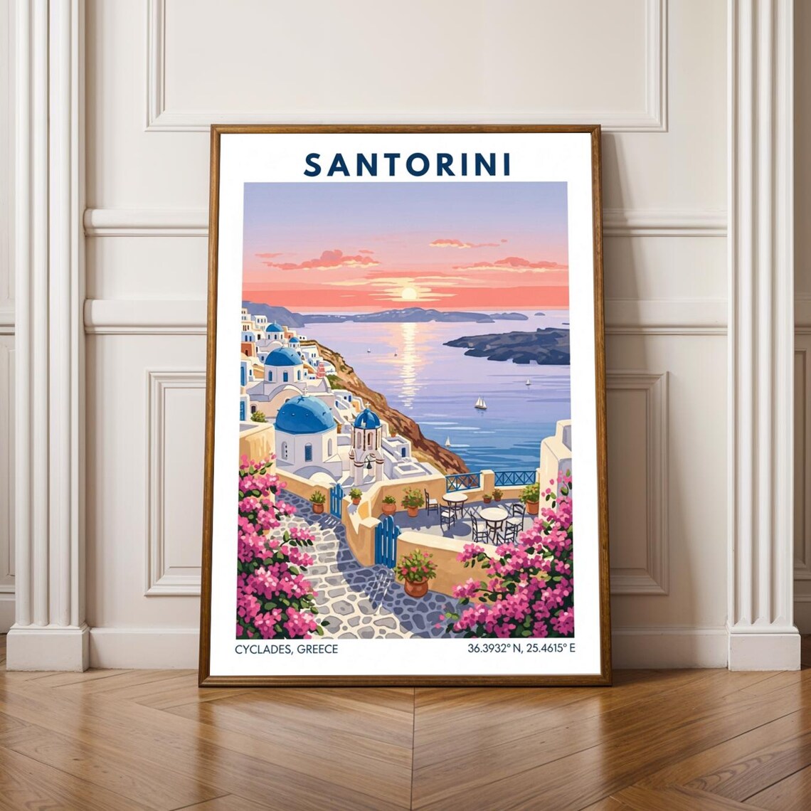 Santorini Blue Domes Oia Sunset Cyclades Greece Travel Poster