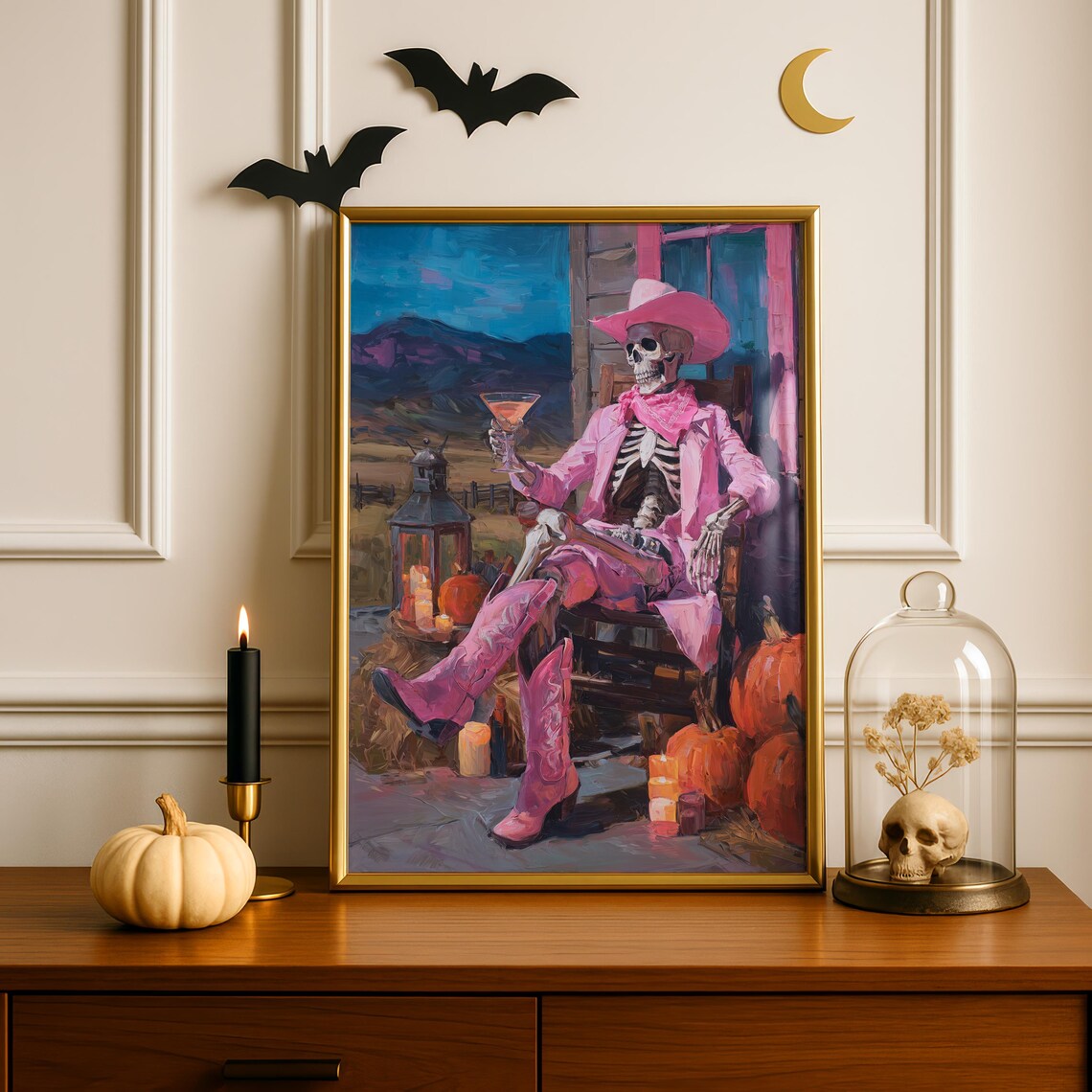 Pink Skeleton Cowgirl Halloween Desert Porch Cocktail Party Art Poster