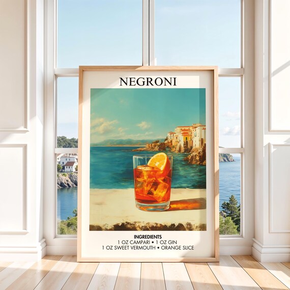Negroni Cocktail Recipe Mediterranean Coast Sunset Bar Art Poster