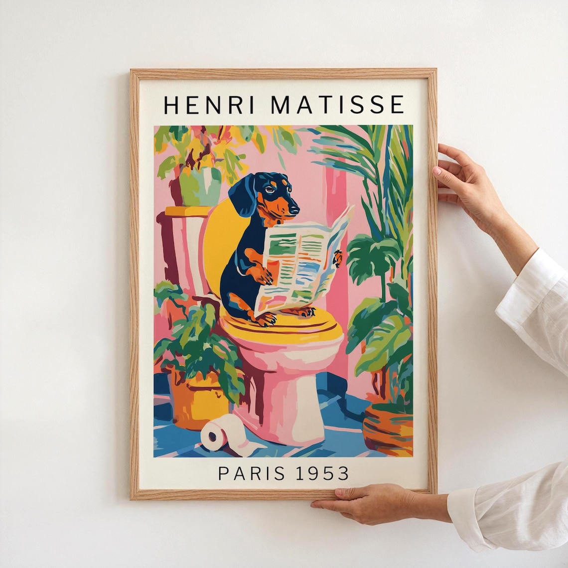 Dachshund Bathroom Poster, Matisse-Inspired Funny Art Print
