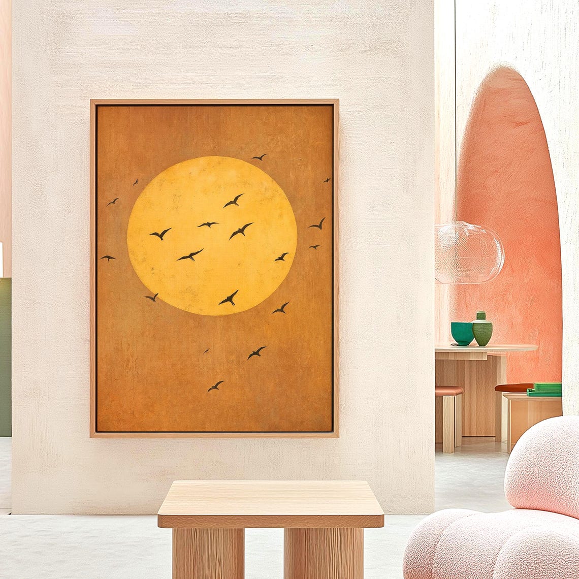 Golden Sun and Soaring Birds in Minimalist Wabi Sabi Wall Art