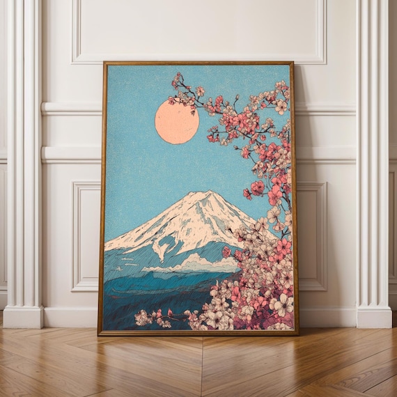 Snow Capped Mount Fuji with Cherry Blossoms and Pink Moon Poster
