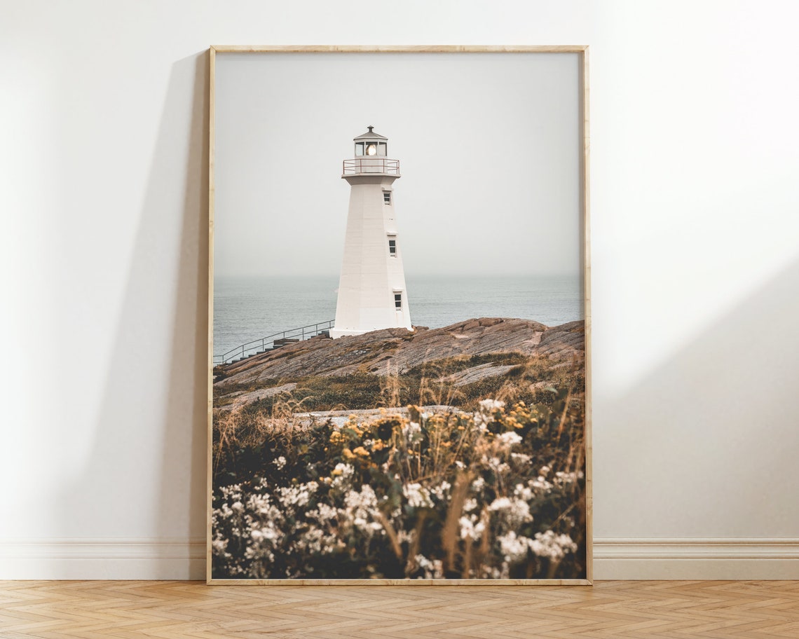 White Lighthouse on Rocky Coast Sea View Photography Wall Art