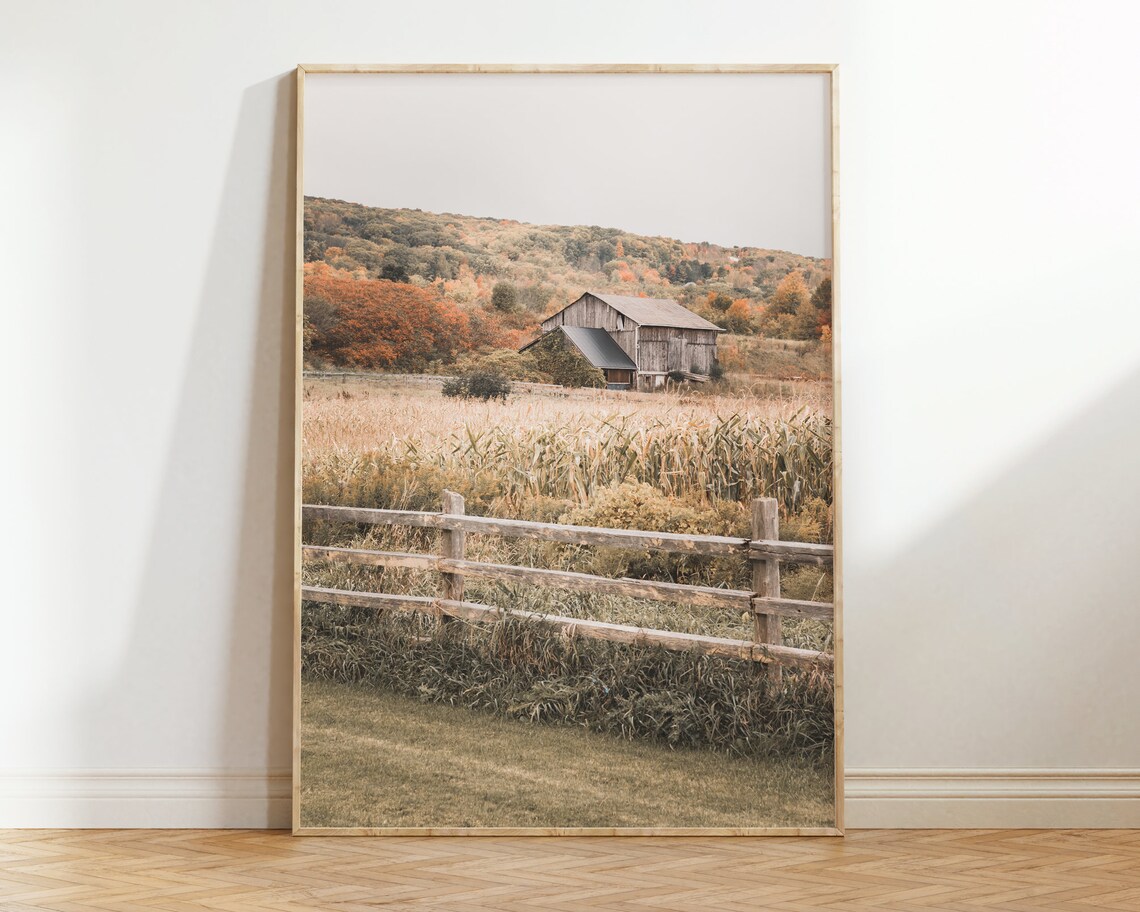 Rustic Weathered Wooden Barn Autumn Field Photo Farmhouse Wall Art
