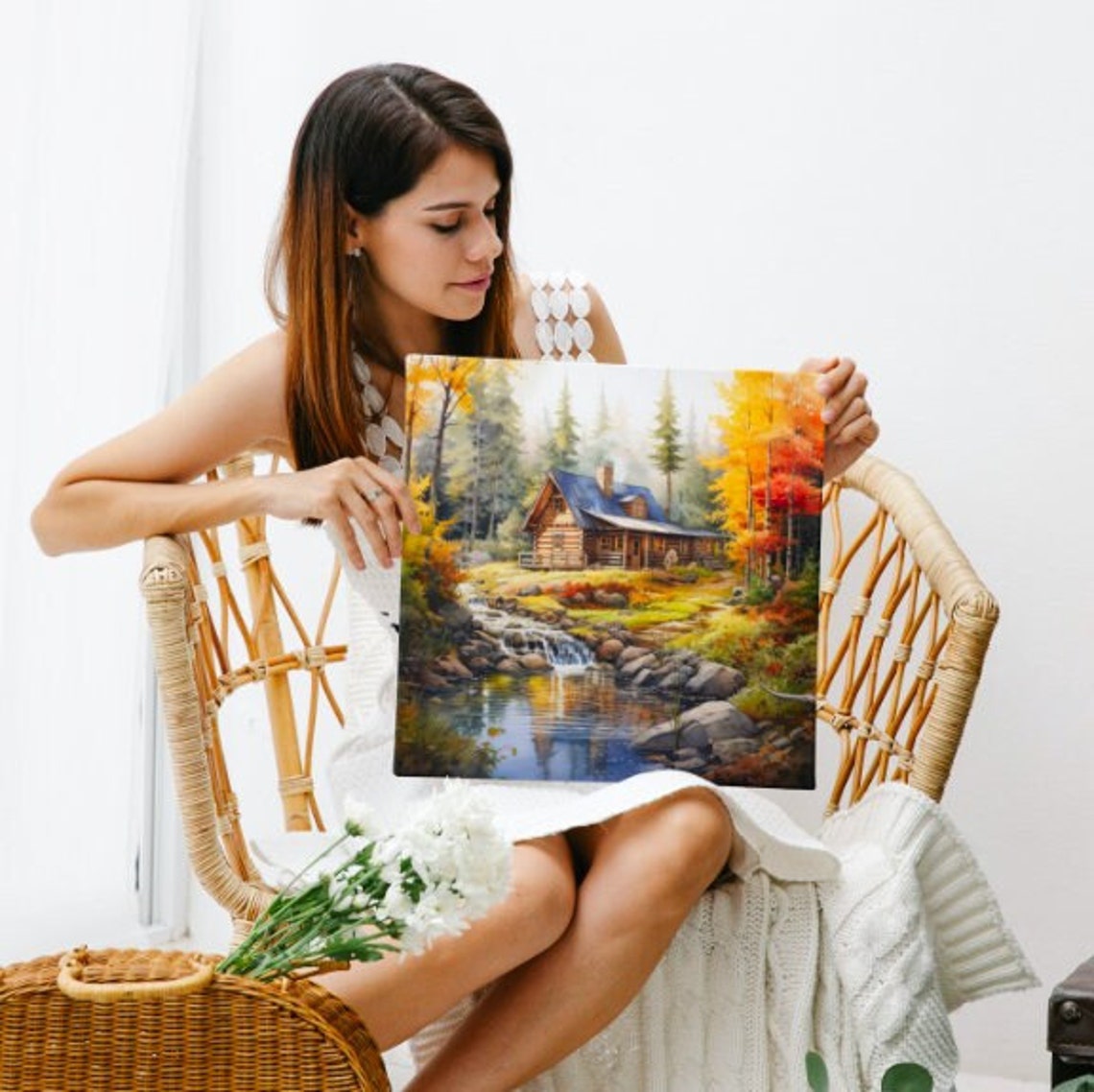 Watercolor Rustic Cabin in Autumn by a Peaceful Stream Poster Art - Image 2