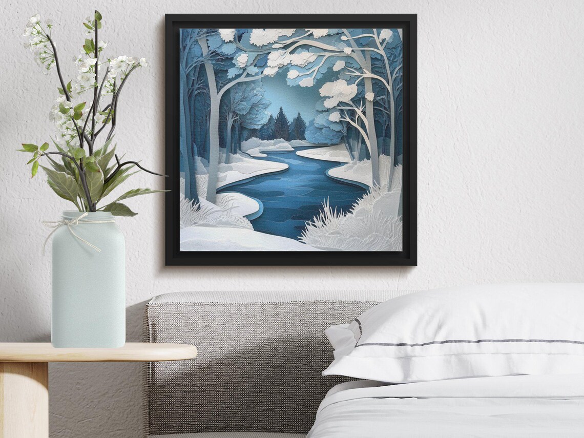 Winter Wonderland Forest Art Print, Snowy River Landscape - Image 4