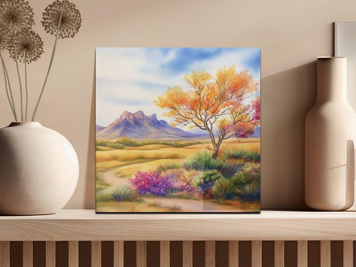 Vibrant Autumn Landscape Watercolor Orange Tree Wildflower Prairie Poster - Image 2