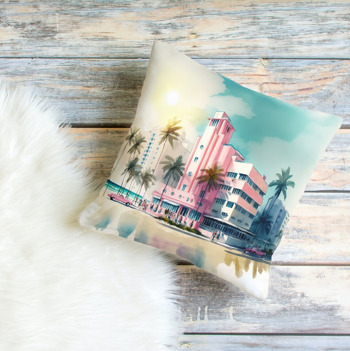 Pink Art Deco Hotel Miami Beach Palms Watercolor Travel Poster - Image 4