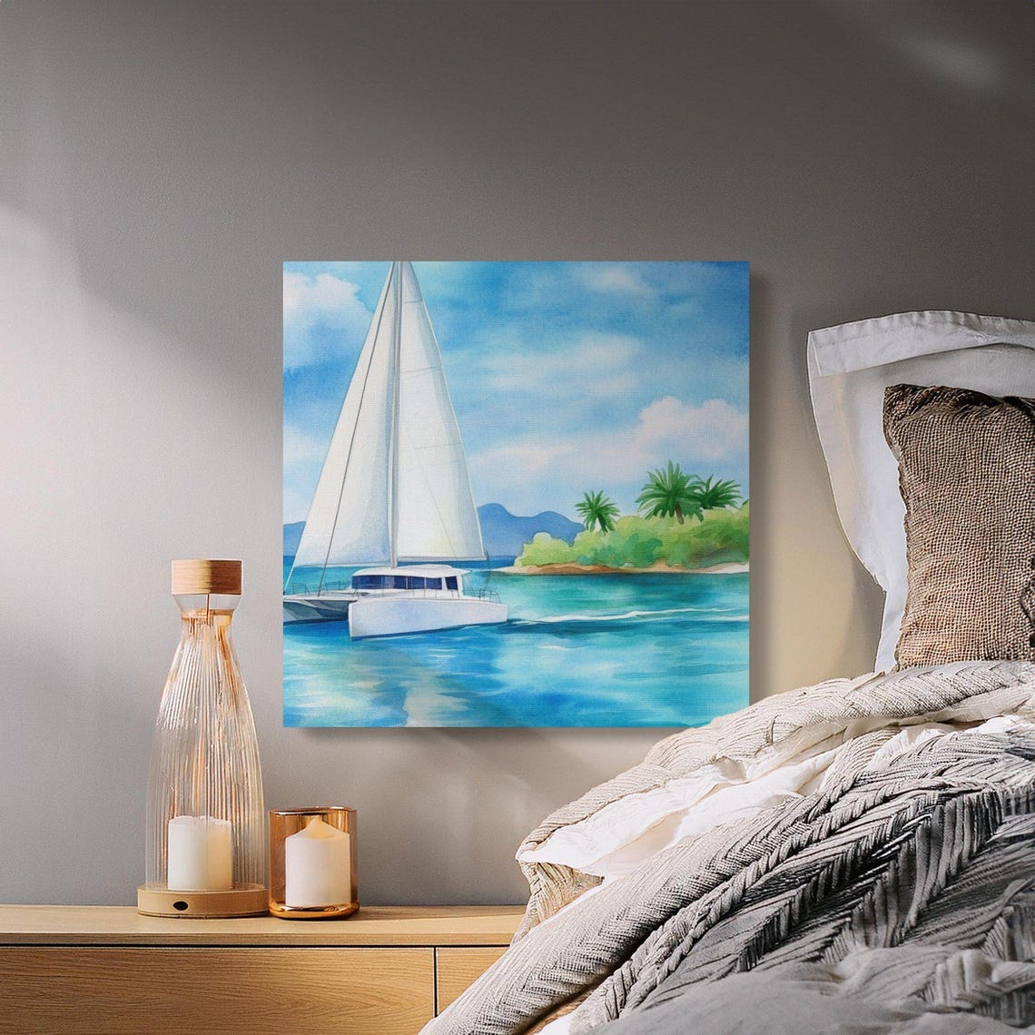 White Catamaran Sailing in Bright Blue Tropical Waters Poster - Image 4