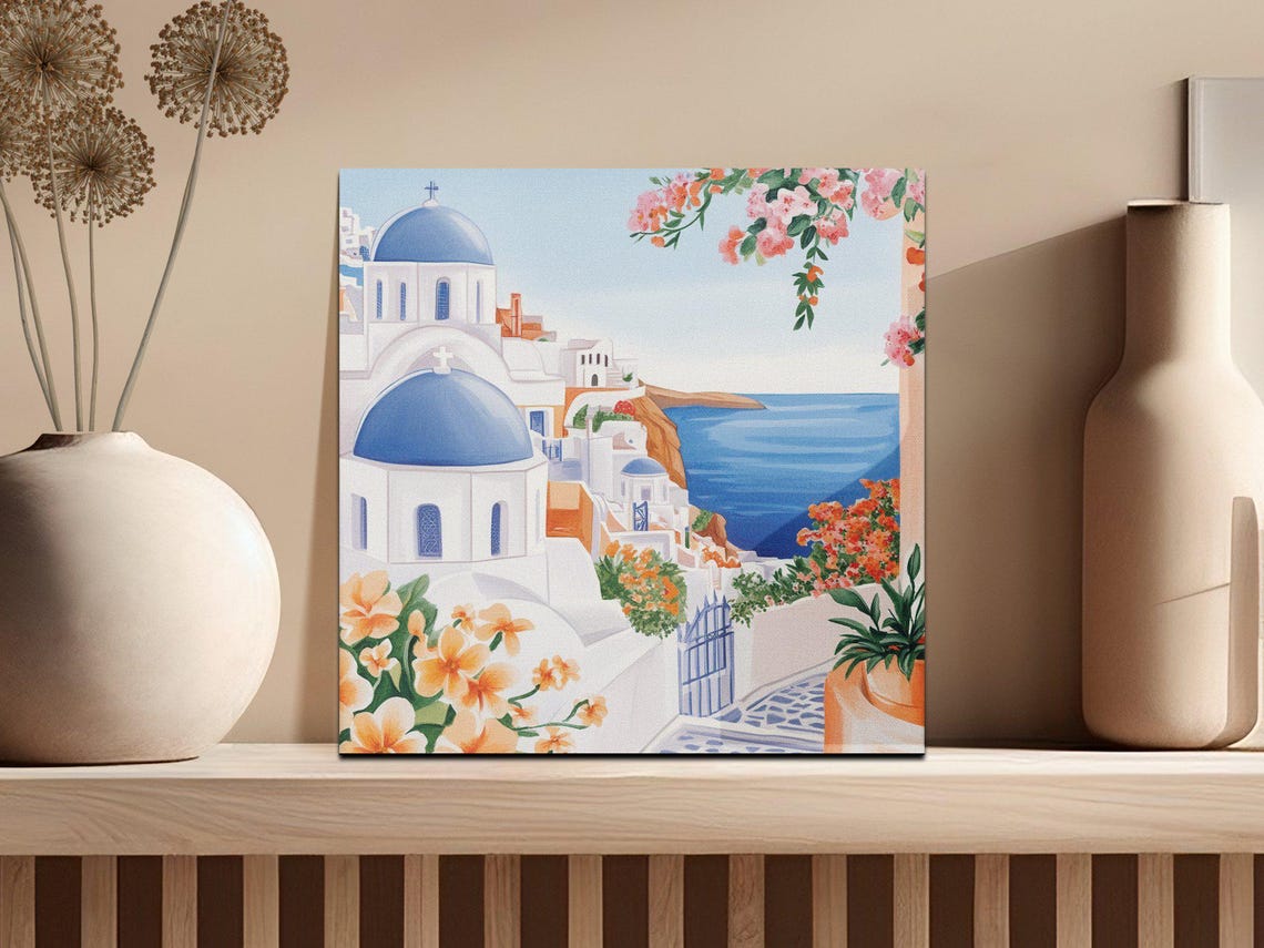 Santorini Blue Domed Churches With Flowers Above the Sea Poster - Image 2