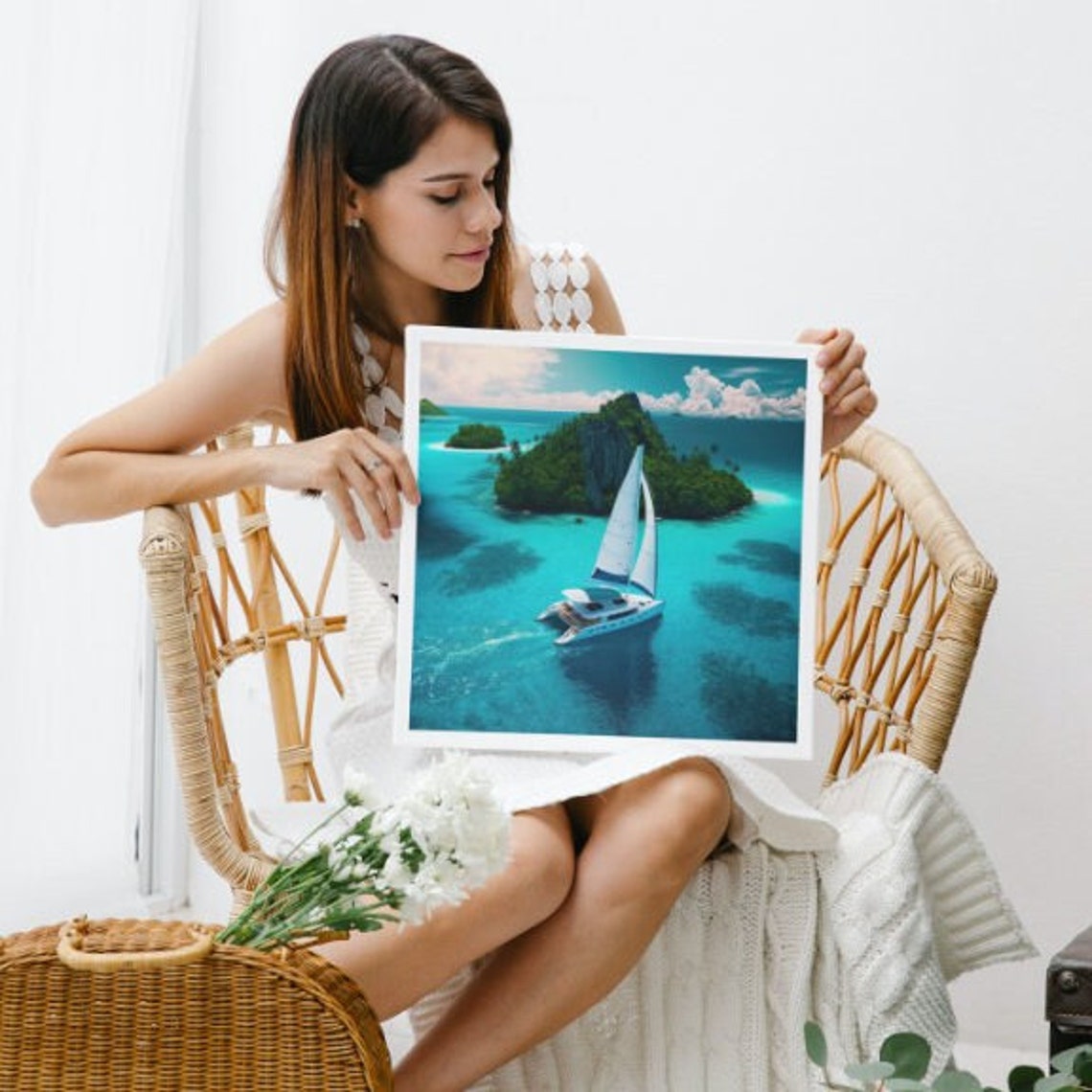 Sailing Catamaran Turquoise Lagoon Tropical Island Escape Art Poster - Image 2