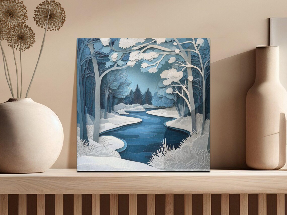 Winter Wonderland Forest Art Print, Snowy River Landscape - Image 2