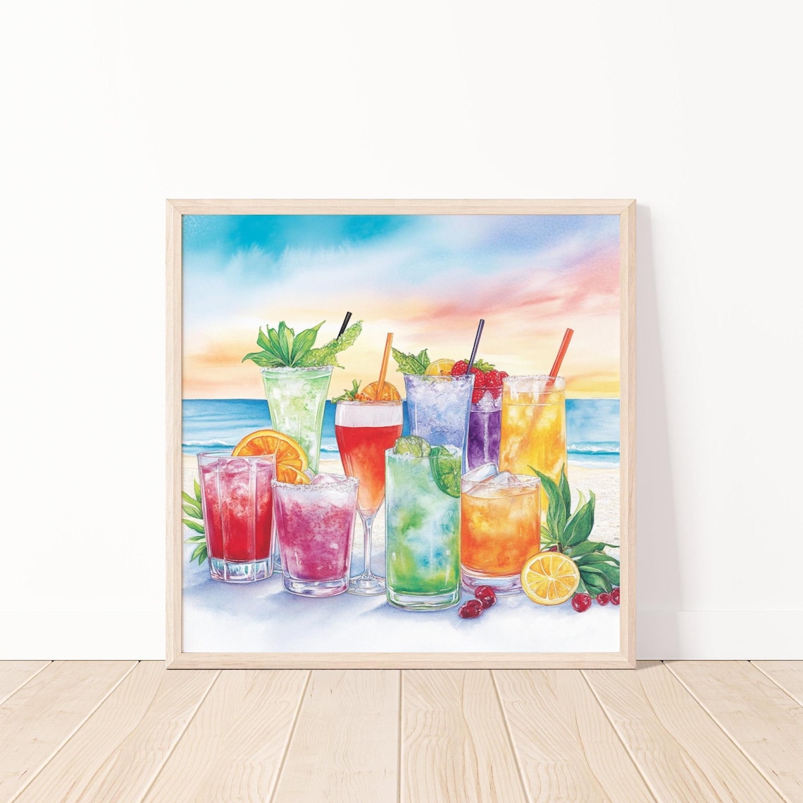 Tropical Cocktails Watercolor Beach Sunset Summer Drinks Art Poster