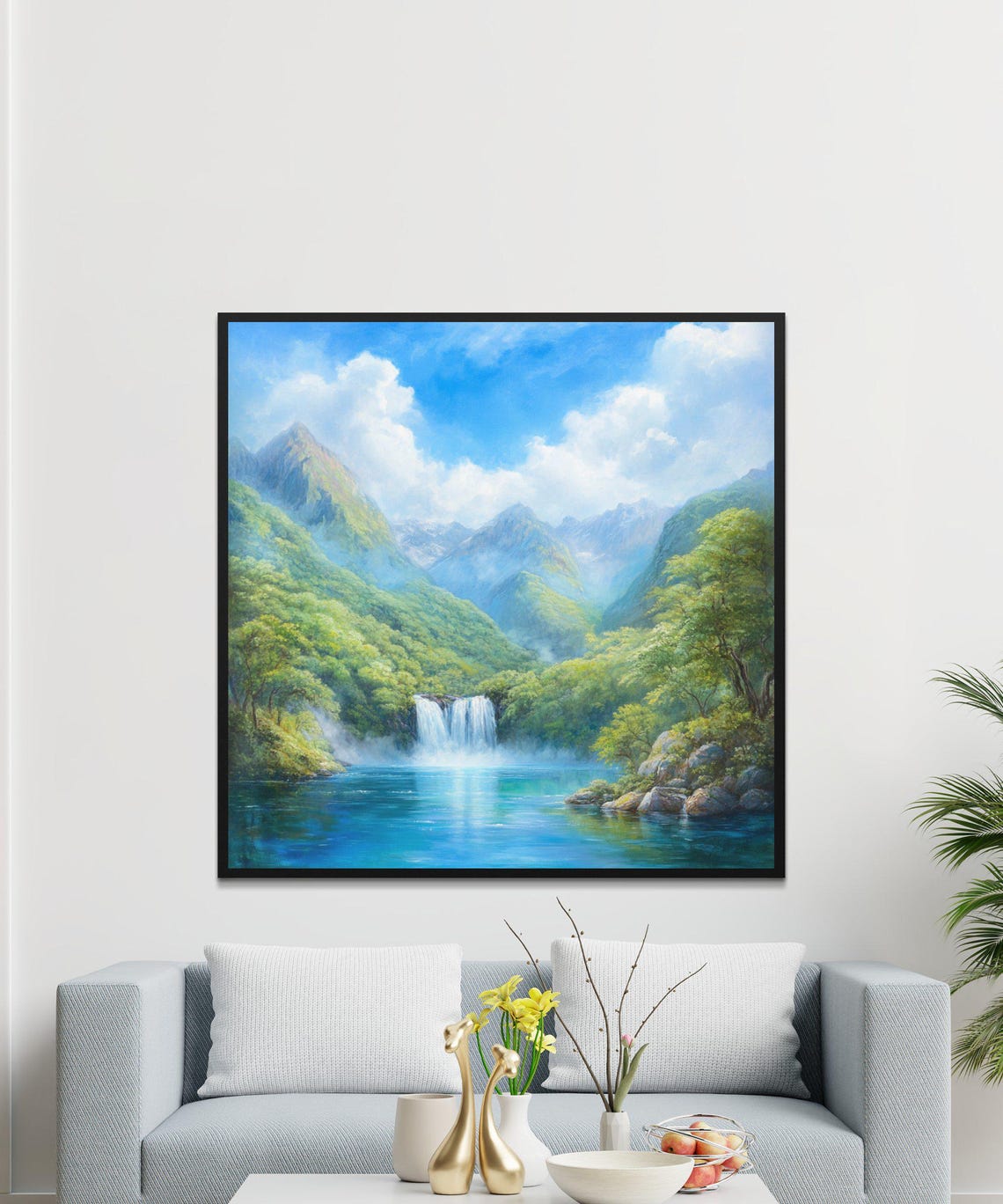 Mountain Waterfall Lush Green Forest Lake Serene Valley Nature Poster - Image 4