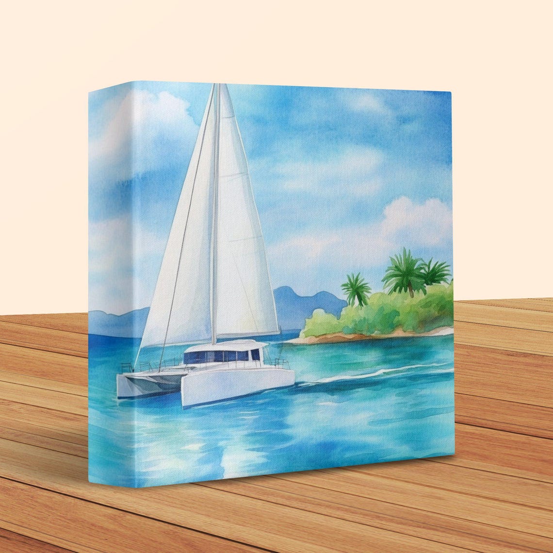 White Catamaran Sailing in Bright Blue Tropical Waters Poster - Image 2