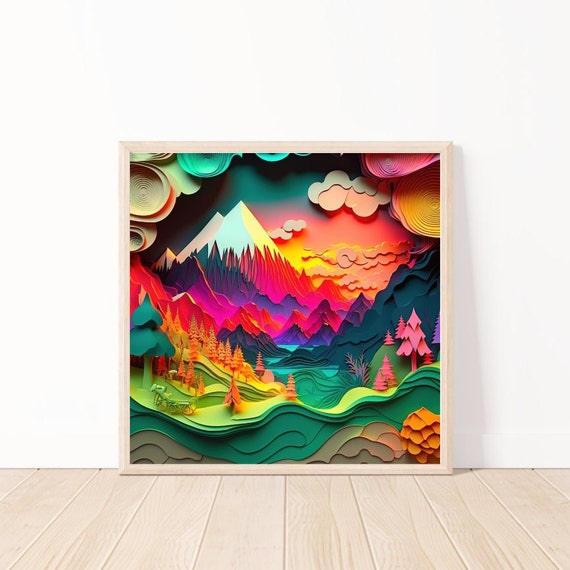 Colorful Mountains Scene Paper Quilling Artmountains At Sunset Ai Wall Artmountain Landscape Artkids Room Download12 X 12