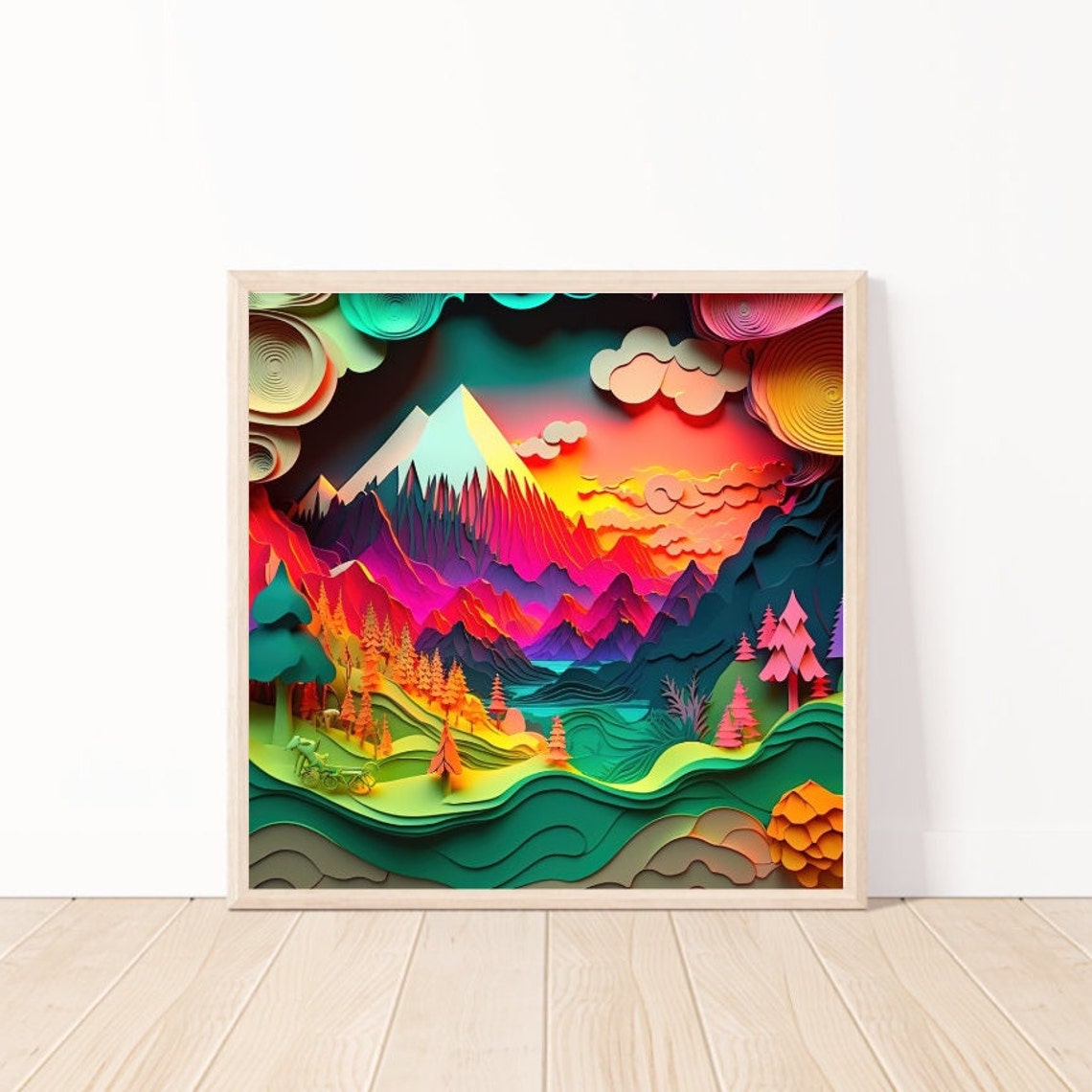 Colorful Paper Quilling Mountain Sunset Valley Nature Art Poster