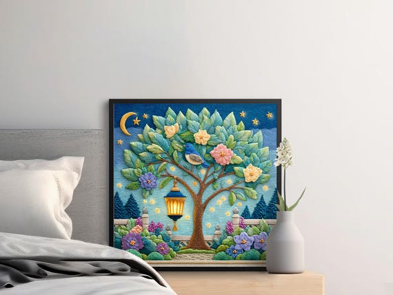 Dreamy Garden Tree Art Print Serene Bluebird Decor Moon And Stars Wall Whimsical Textured Illustration For Home 20x20