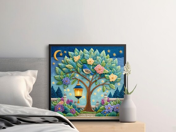 Embroidered Garden Tree With Bluebird Moon And Stars Wall Art