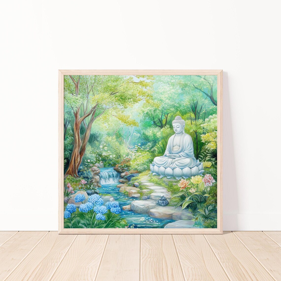 White Buddha Statue Lush Garden Waterfall Peaceful Meditation Art Poster - Image 4