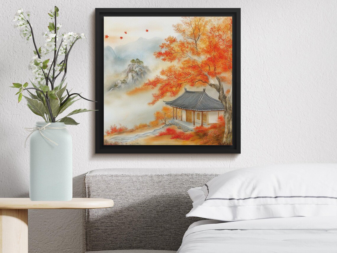 East Asian Pavilion Autumn Red Maples Misty Mountains Painting Poster - Image 3