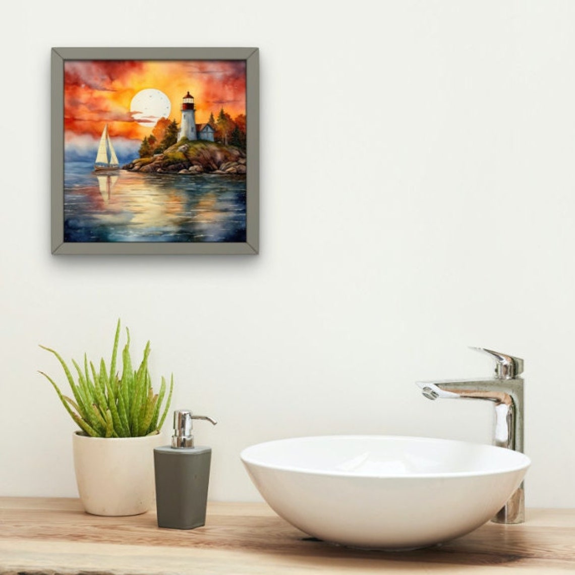 Lighthouse Sunset Sailboat Golden Hour Ocean Seascape Art Poster - Image 2