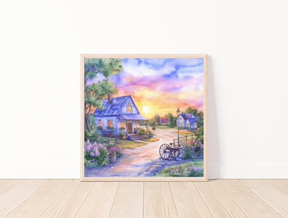Vintage Cottage Watercolor Print Pastel Landscape Art Sunset Country Home Wall Decor Farmhouse Scene 2020