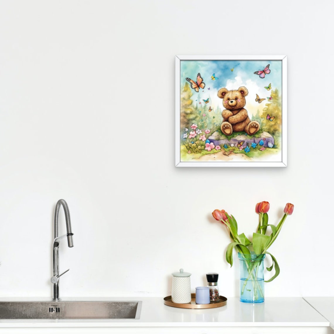 Cute Teddy Bear Sitting Among Butterflies and Wildflowers Poster - Image 3