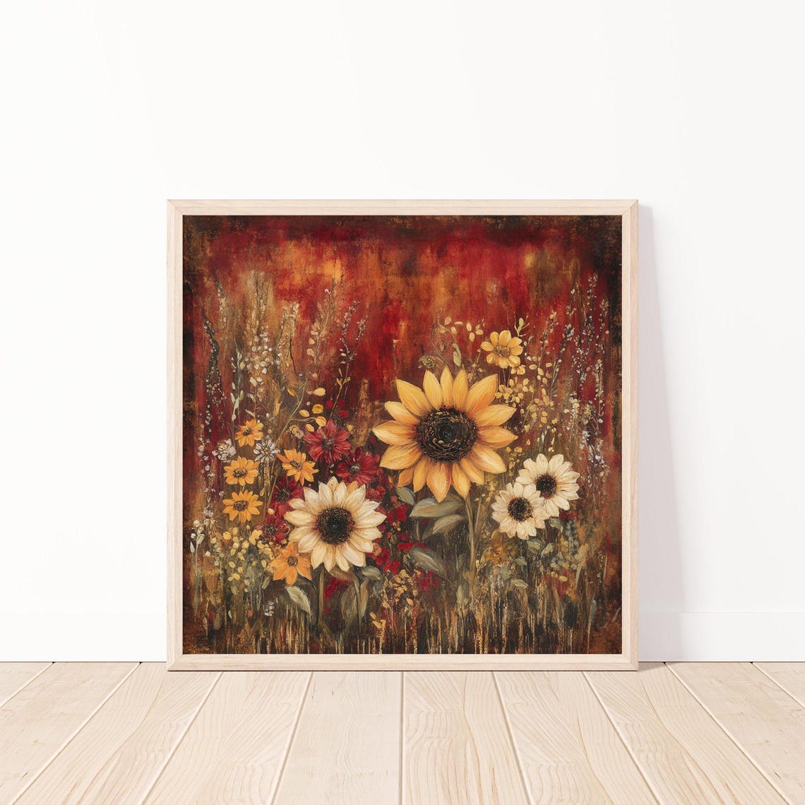 Sunflowers and Wildflowers on a Warm Rustic Red Canvas Poster