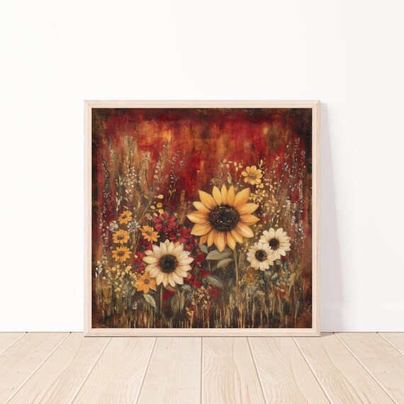 Sunflowers and Wildflowers on a Warm Rustic Red Canvas Poster