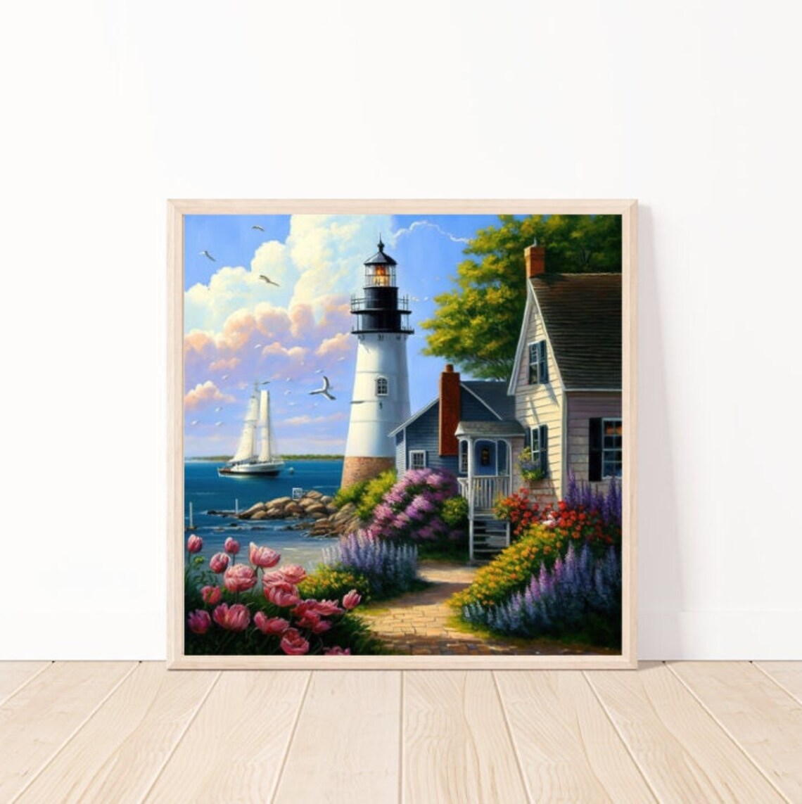 Coastal Lighthouse Cottage Spring Tulip Garden Sailboat Art Poster