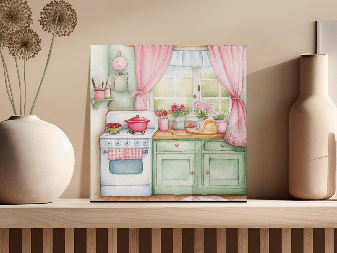 Cozy Vintage Pink Kitchen With Stove Flowers and Curtains Poster - Image 2